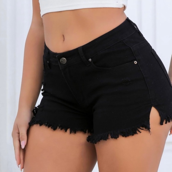 Mid Rise Black Denim Distressed Shorts - Picture 5 of 7